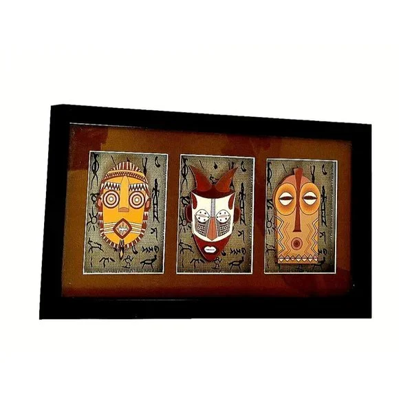 African Primitive Mask Mixed Media 3D Shadow Box 6 Pcs. Set 2 Black Wood Frame